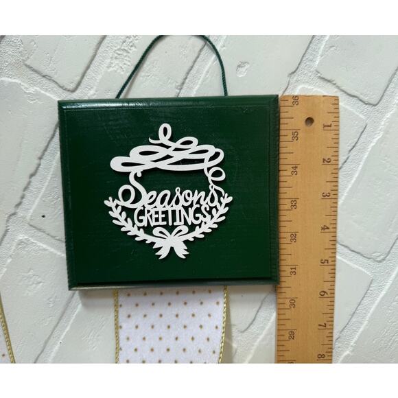 Seasons Greetings Holiday Card Holder Green Wooden Topper Gold Sparkle Ribbon - Picture 5 of 6